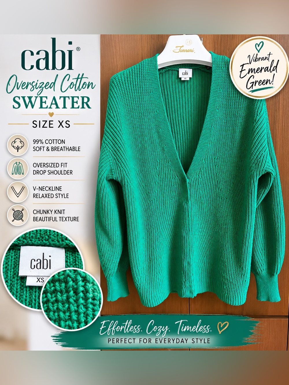 CAbi Emerald Green Oversized V-Neck  Button up Cotton Sweater XS